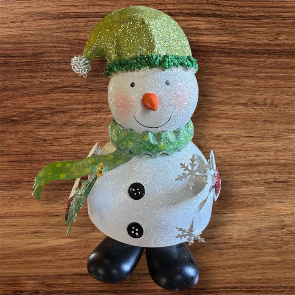 CHRISTMAS SPARKLE glittery Bouncy Snowman White with green hat & scarf 13.5"